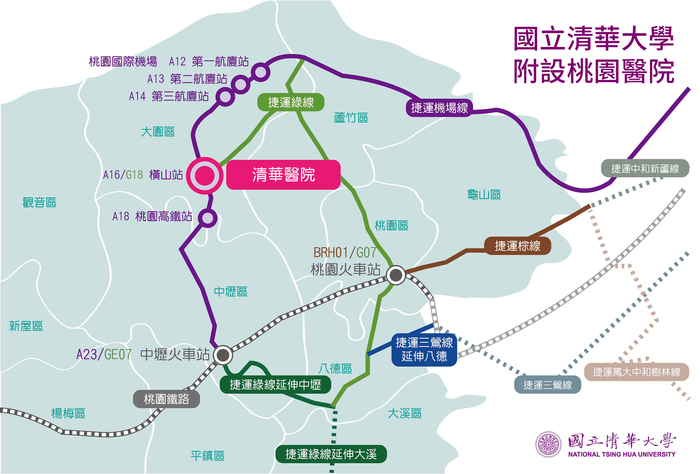 清華附醫鄰近機場捷運A16橫山站，捷運綠線未來也預計在此交會，交通便利。