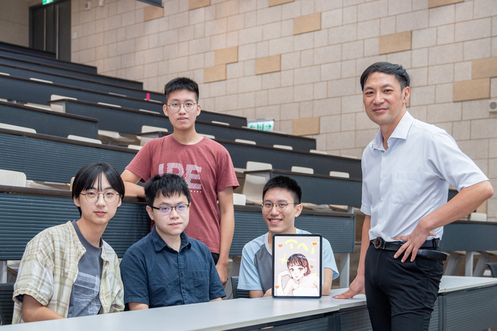 AI虛擬助教「小TAI」開發團隊，左起學生助教歐予恩、何基廷、洪顥耘、李謙睿、教授王道維。