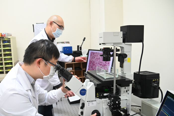 賴俊延（前）以顯微鏡觀察實驗結果