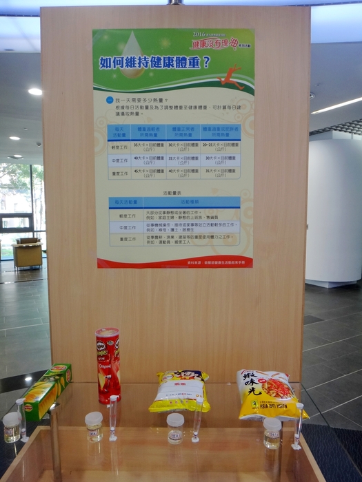 「休閒食品油鹽食品展」中展出高油高鹽食品，搭配海報說明維持身體健康的方法。