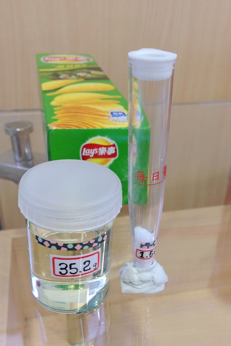 1盒108克的洋芋片含有1.98克的鹽與35.2克的油，應謹慎攝取。